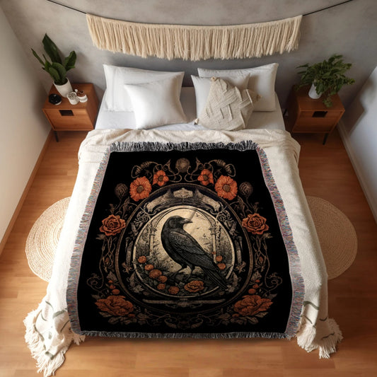 Goth Aesthetic Crow Woven Throw Tapestry Dark Academia