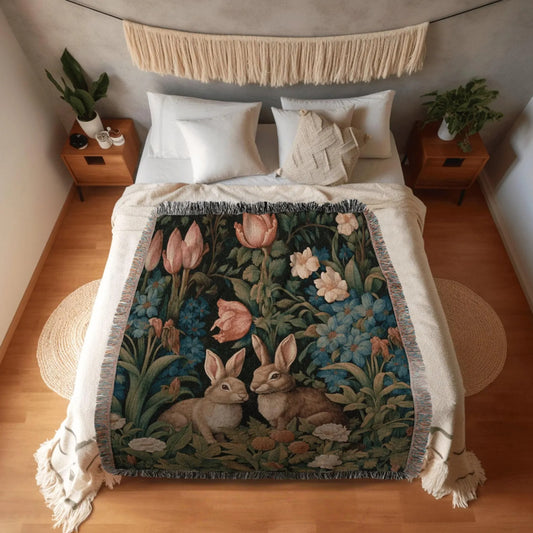 Wildflower Bunny Woven Throw Tapestry Dark Academia Botanical