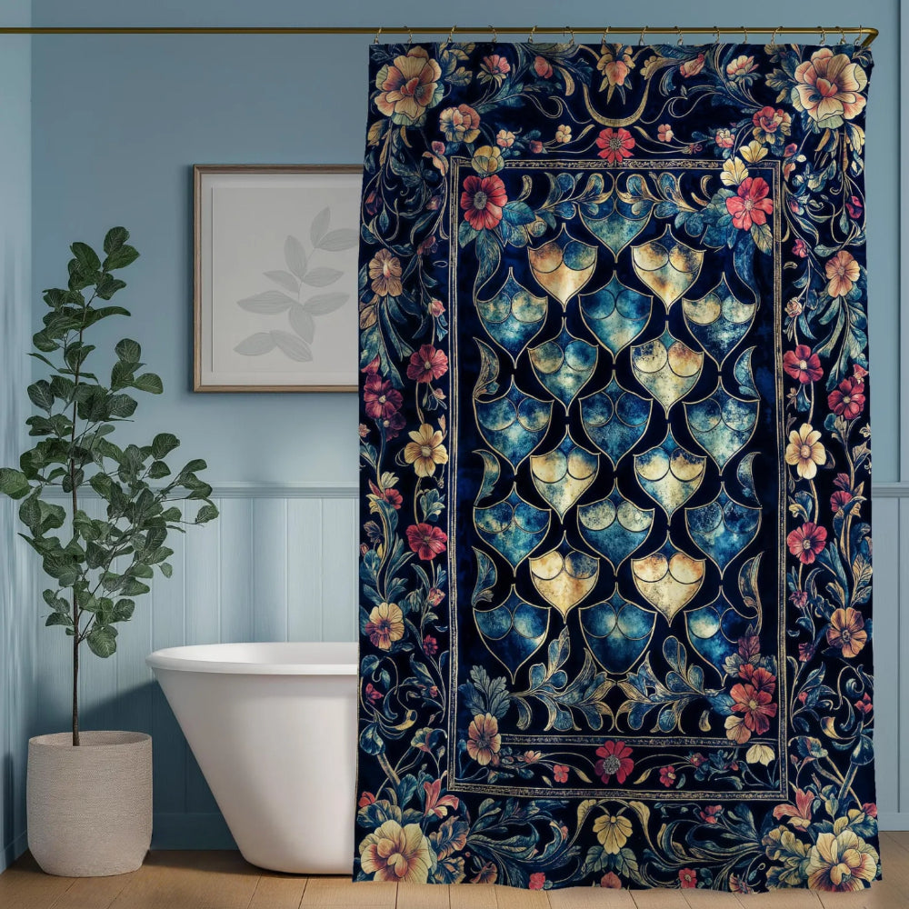 Medieval Dragon Scale Victorian Shower Curtain Dark Navy Blue