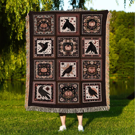 Crow Pumpkin Farmhouse Woven Throw Tapestry Retro Cottagecore Witch Decor