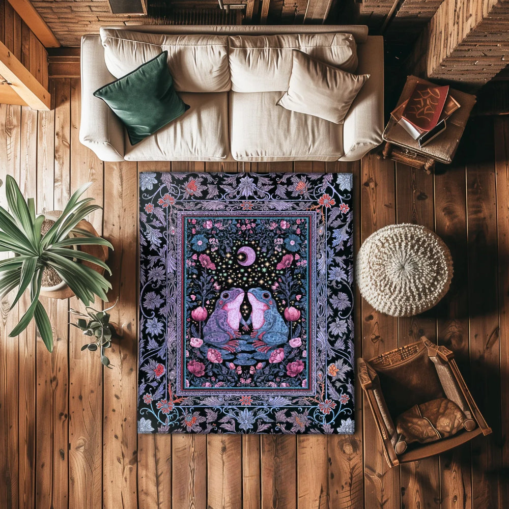 Dreamy Lavender Woodland Area Rug Cute Frog Couple Mystic Theme