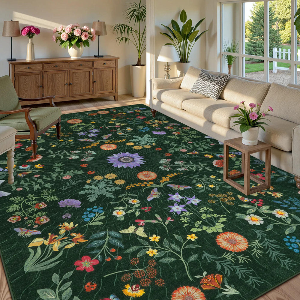 Floral Green Rug Machine Washable