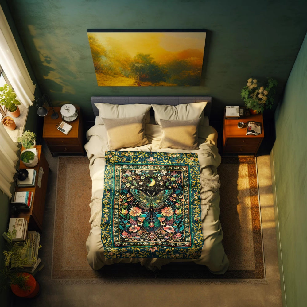 Mystic Moonlit Garden Moth Throw Blanket Whimigothic