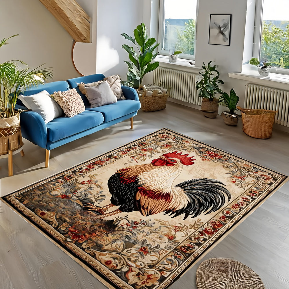 Floral Rooster Area Rug Machine Washable