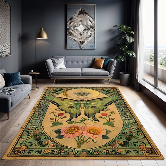 Floral Green Luna Moth Butterfly Rug Machine Washable