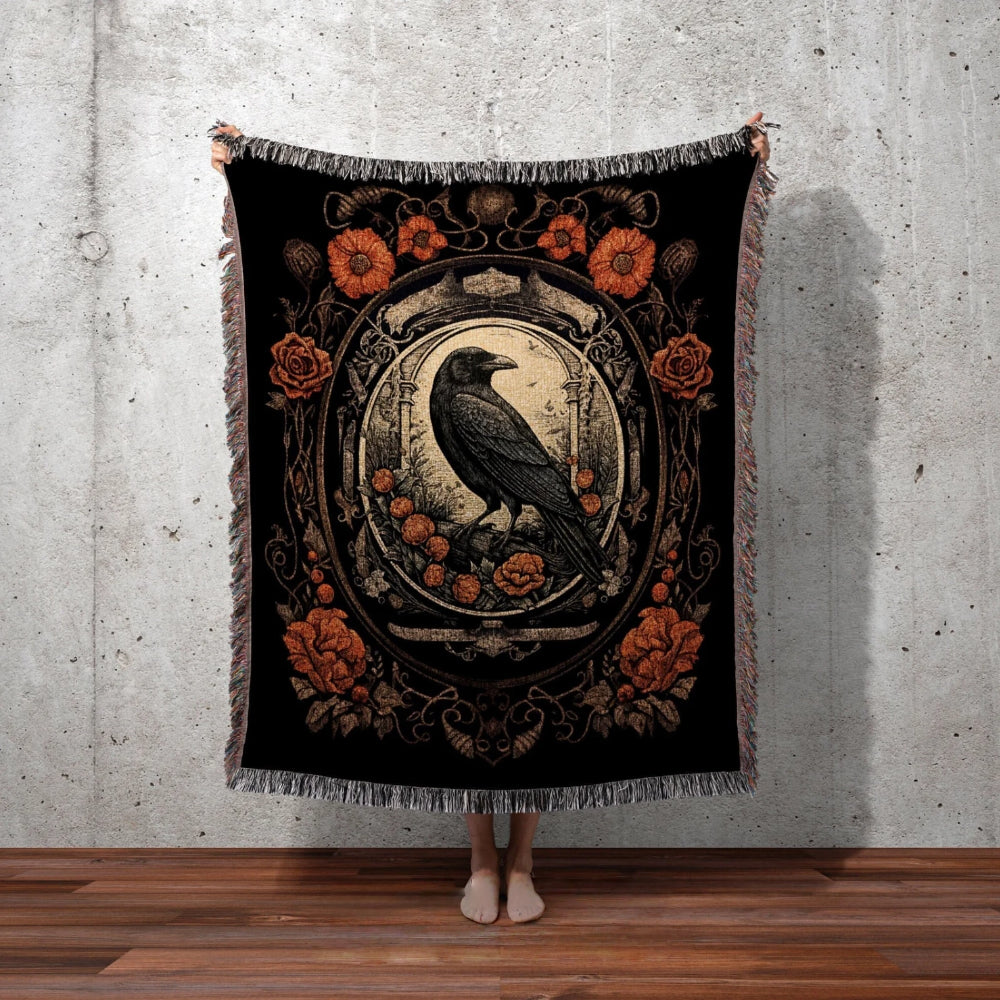 Goth Aesthetic Crow Woven Throw Tapestry Dark Academia