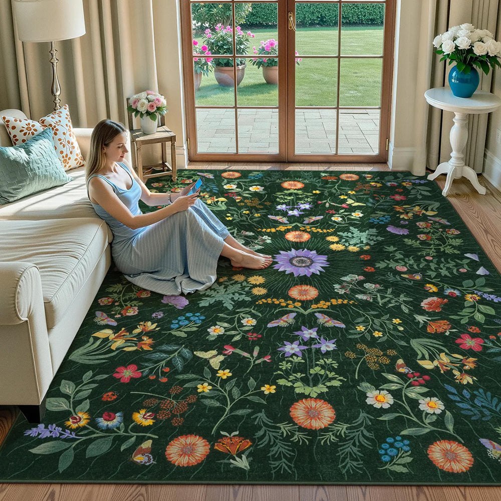 Floral Green Rug Machine Washable