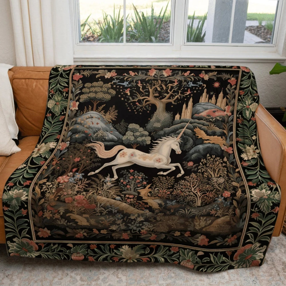 Fairytale Unicorn Throw Blanket Folklore Aesthetic Morris Inspired