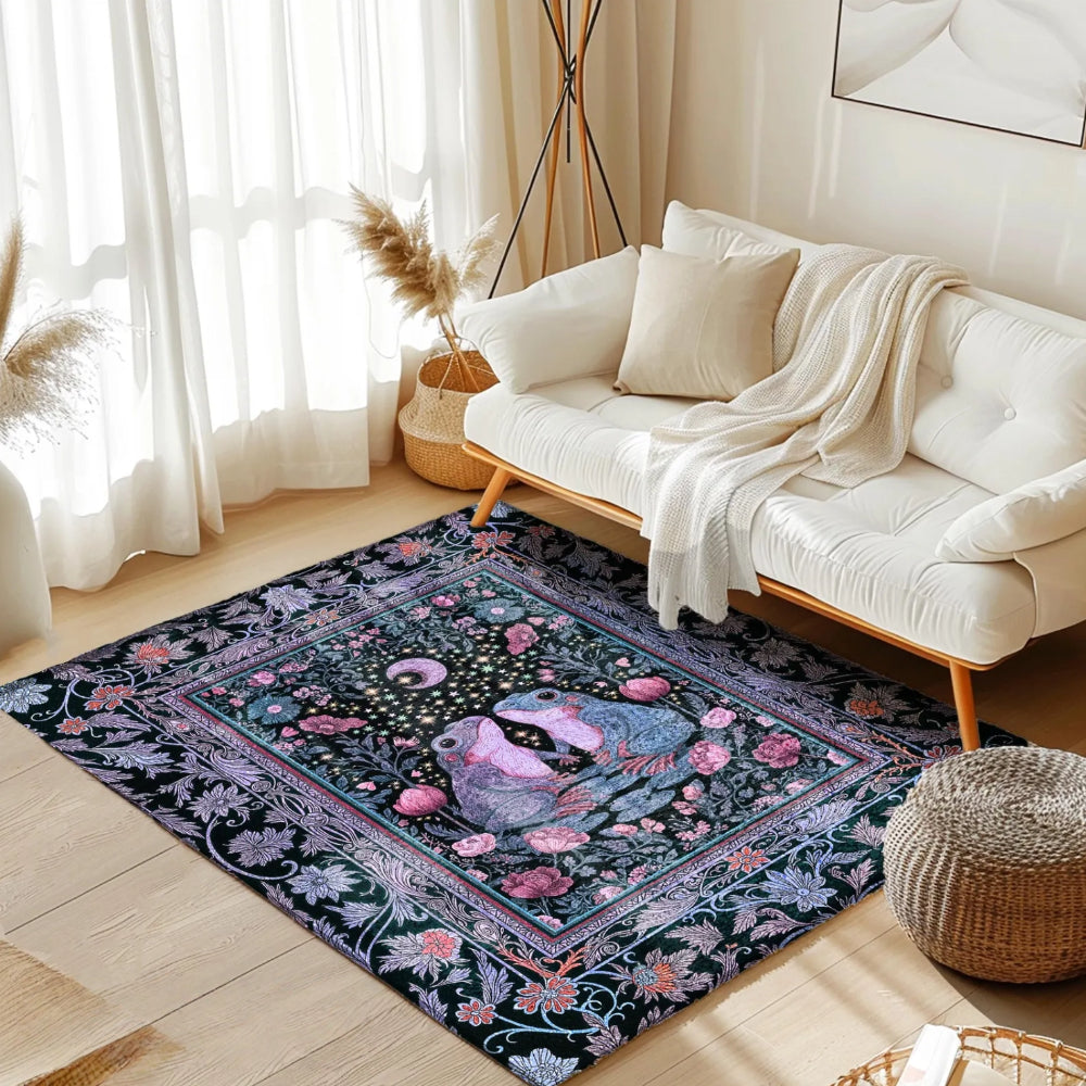 Dreamy Lavender Woodland Area Rug Cute Frog Couple Mystic Theme