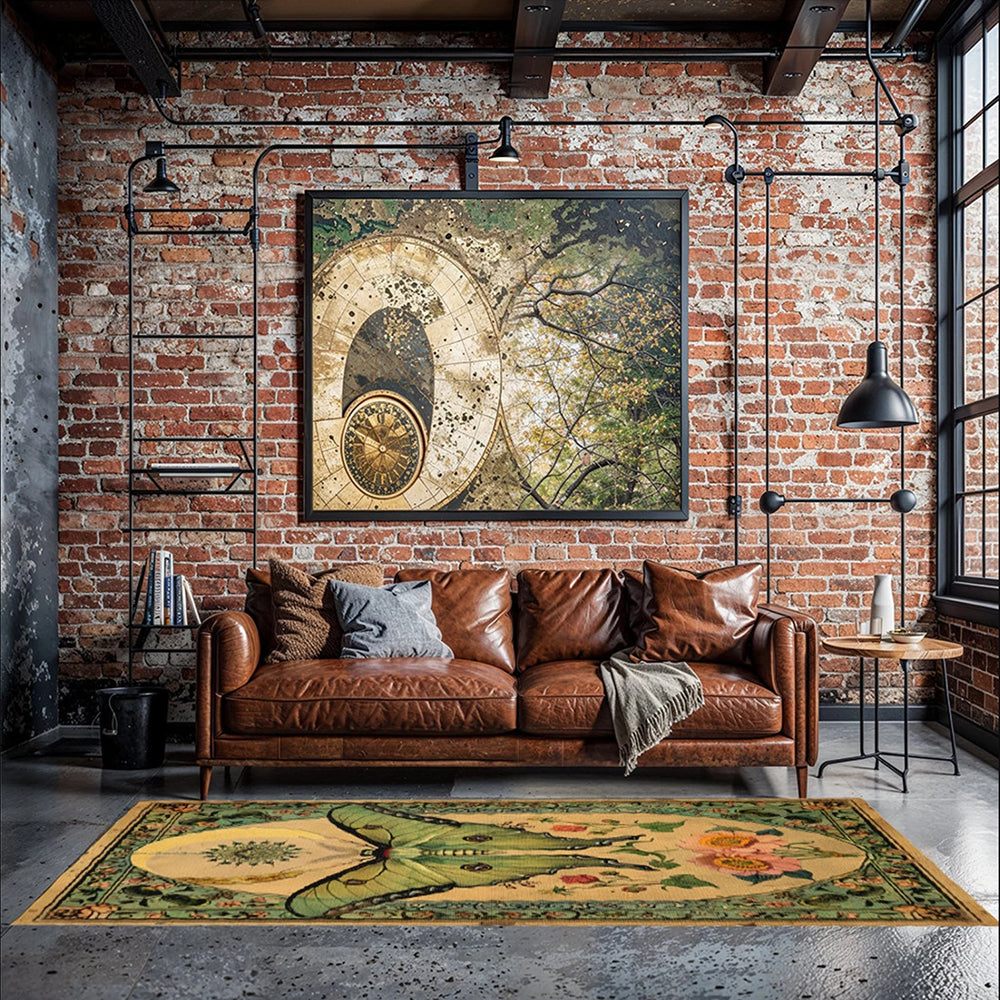 Floral Green Luna Moth Butterfly Rug Machine Washable