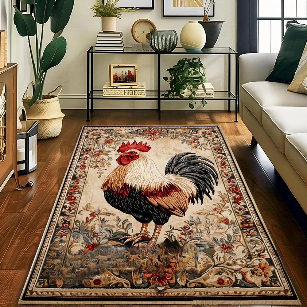 Floral Rooster Area Rug Machine Washable