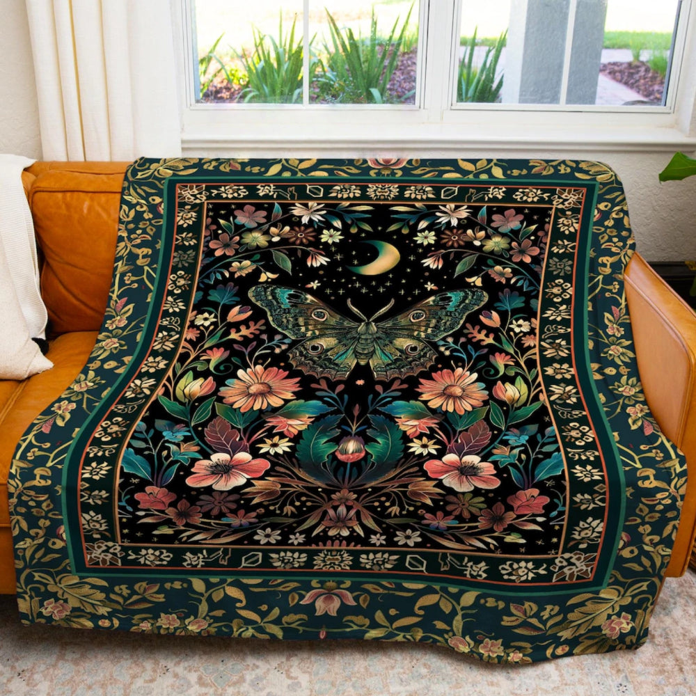 Mystic Moonlit Garden Moth Throw Blanket Whimigothic