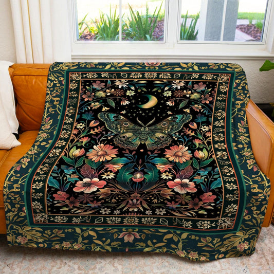 Mystic Moonlit Garden Moth Throw Blanket Whimigothic