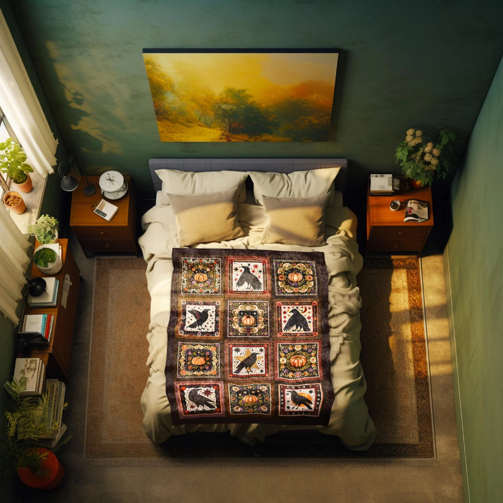 Retro Crow Pumpkin Farmhouse Throw Blanket Vintage Aesthetic