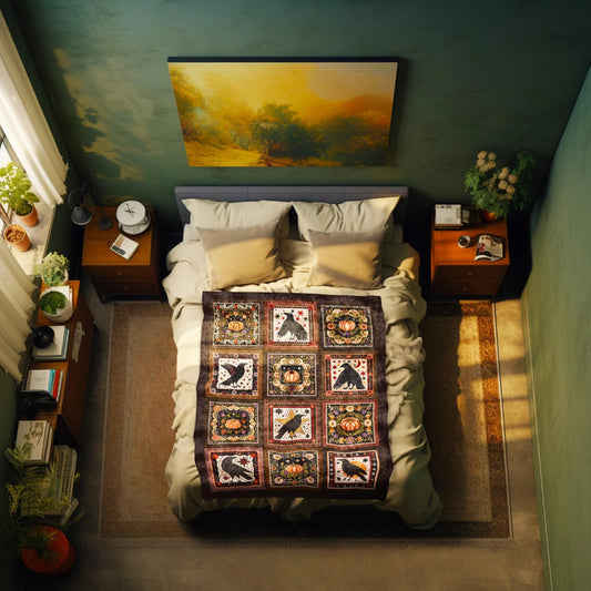 Retro Crow Pumpkin Farmhouse Throw Blanket Vintage Aesthetic