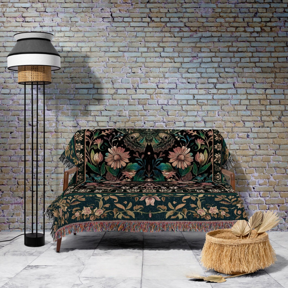 Mystic Moonlit Garden Moth Woven Throw Tapestry