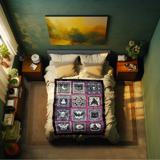 Pumpkin Bat Ghost Throw Blanket Gothic Witchy Purple