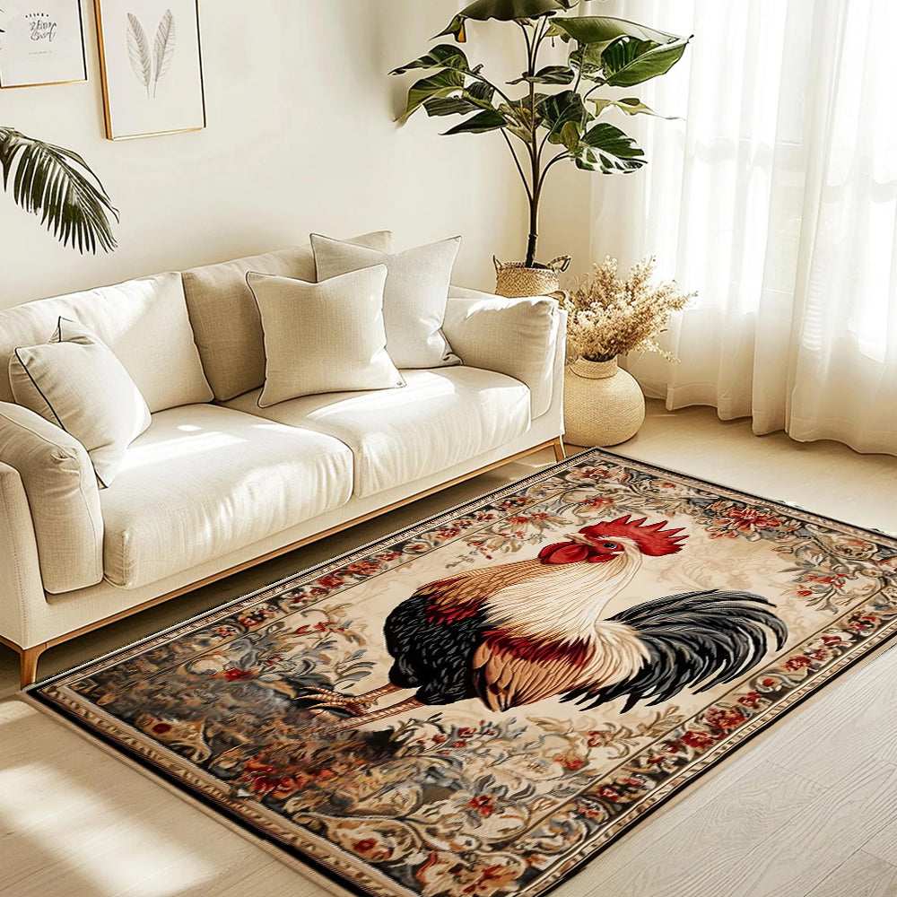 Floral Rooster Area Rug Machine Washable