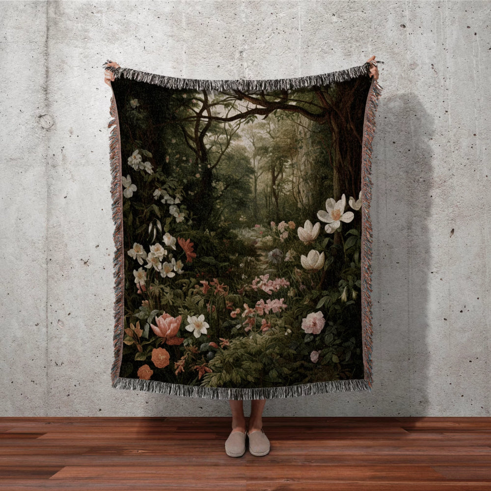 Dark Woodland Woven Throw Tapestry Botanical Fairy Decor