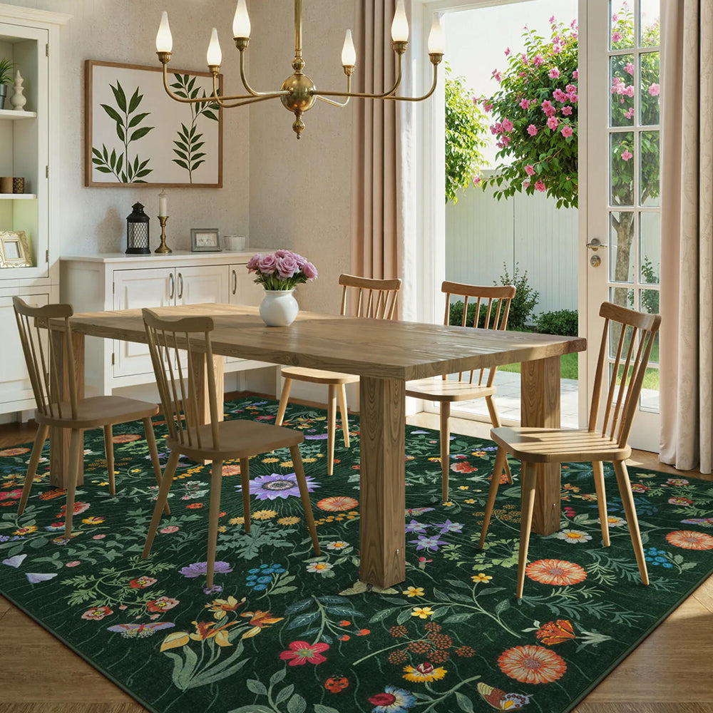 Floral Green Rug Machine Washable