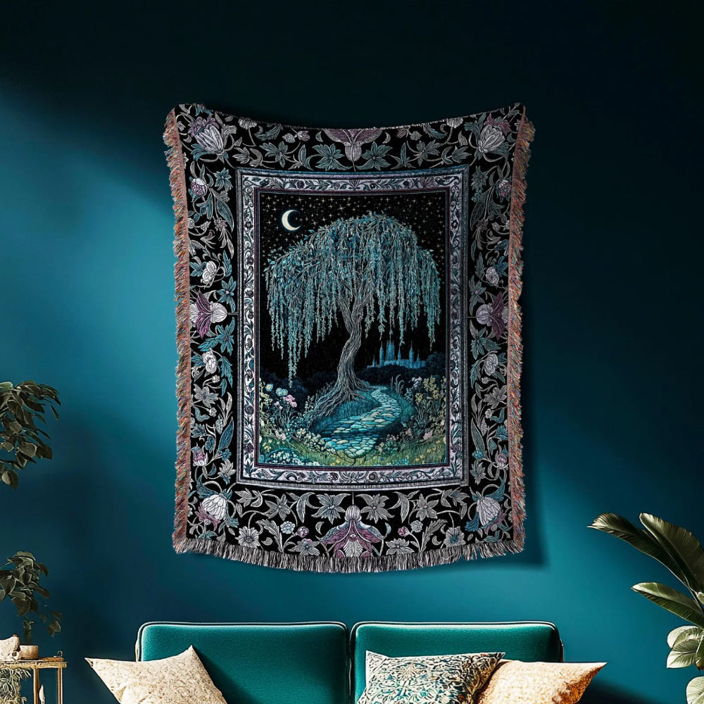Dreamy Willow Tree Woven Throw Tapestry Enchanted Aesthetic Celestial Folklore