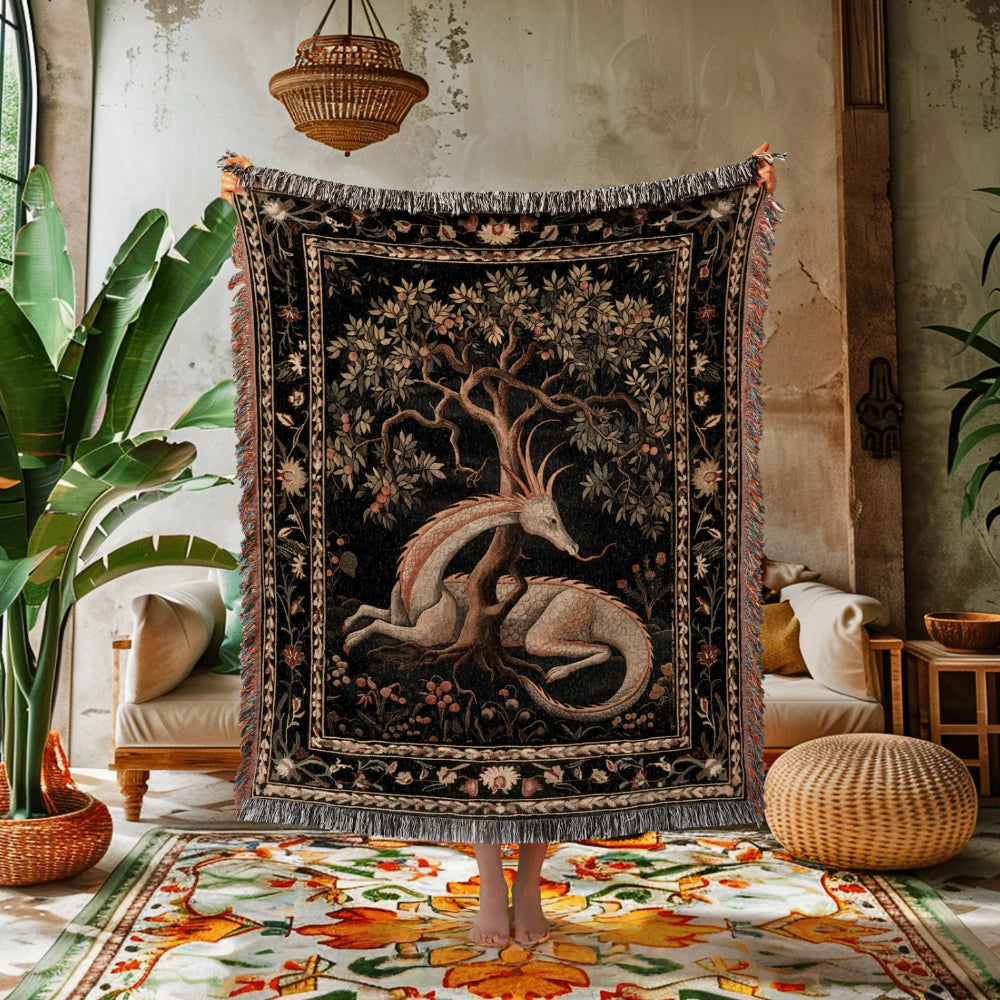 Folklore Dragon Woven Throw Tapestry Medieval Aesthetic Fairytale Inspired