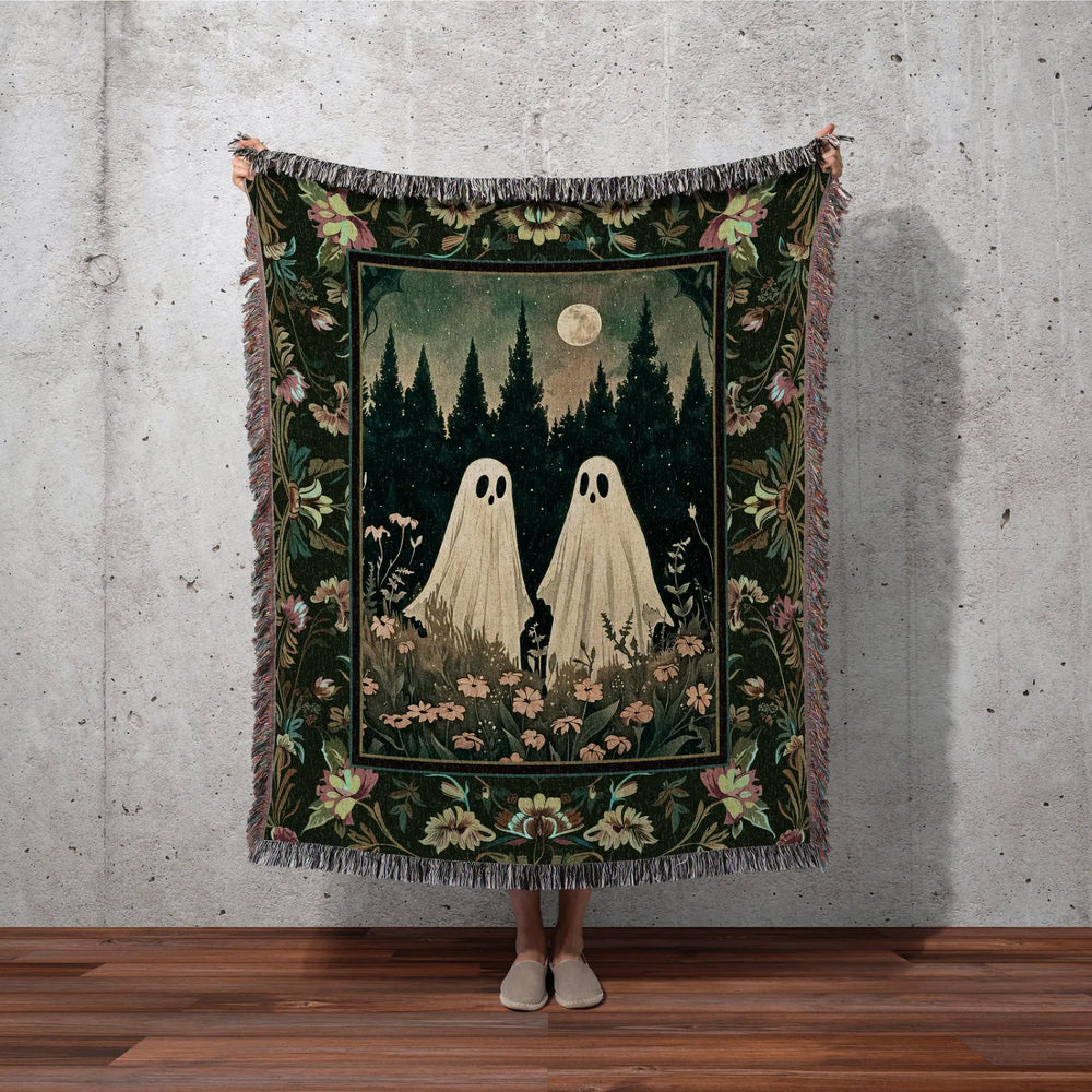 Floral Landscape Ghost Friends Woven Throw Tapestry Halloween Gothic Art