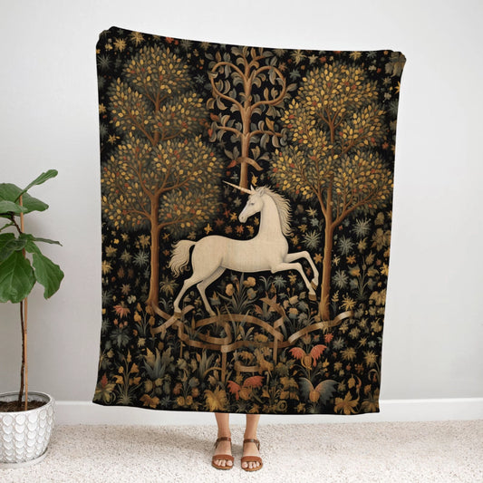 Medieval Unicorn Art Throw Blanket Whimsical Fairycore Aesthetic