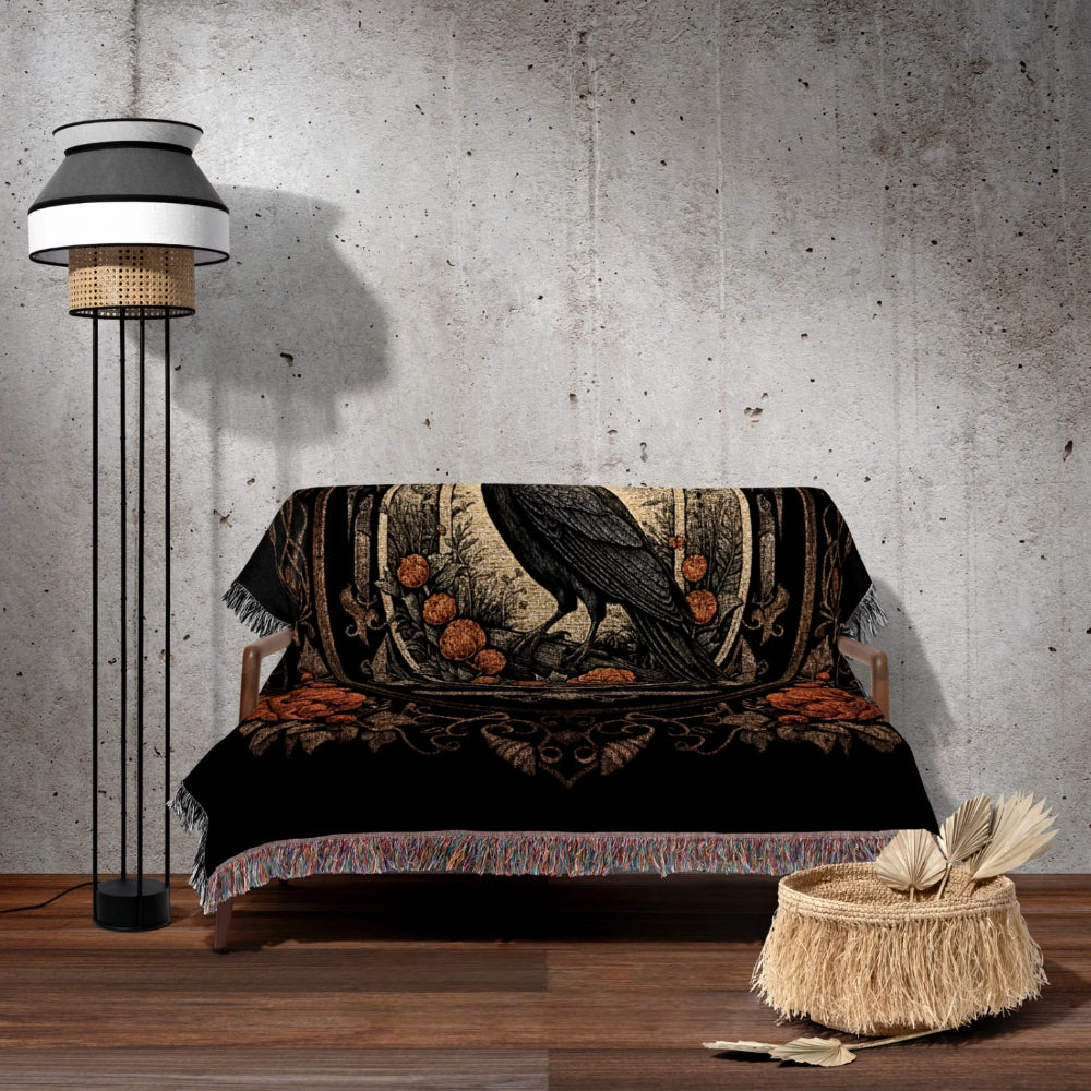 Goth Aesthetic Crow Woven Throw Tapestry Dark Academia