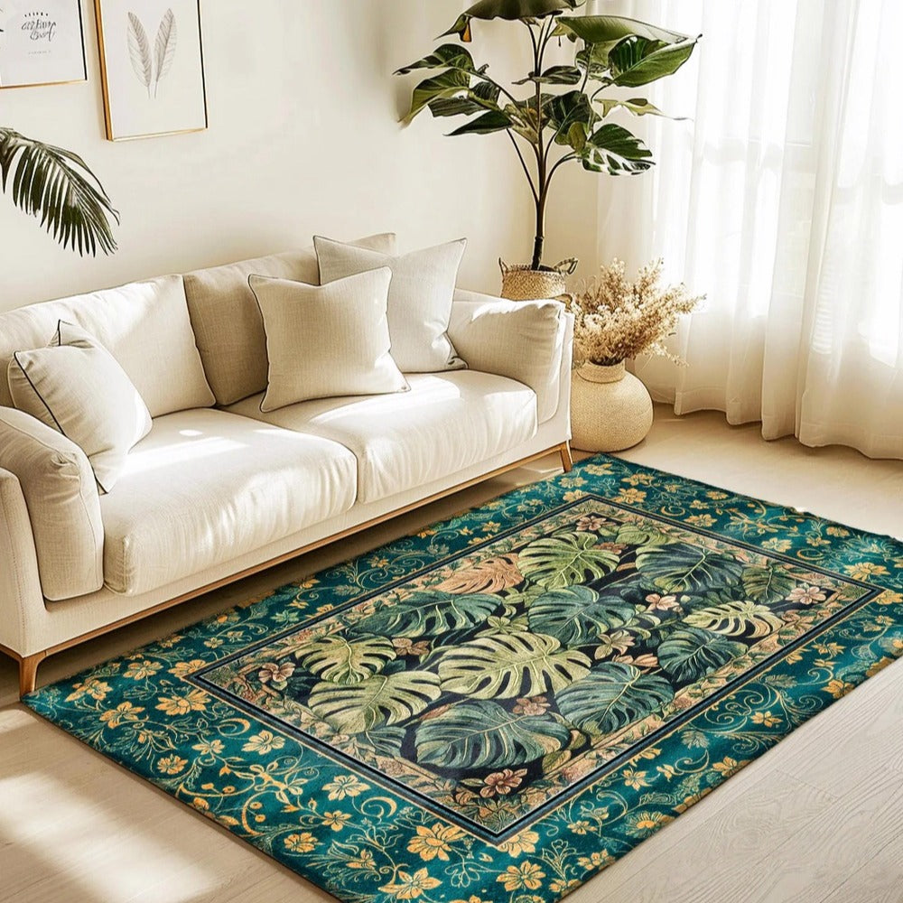 Monstera Foliage Rug Dark Tropical Machine Washable