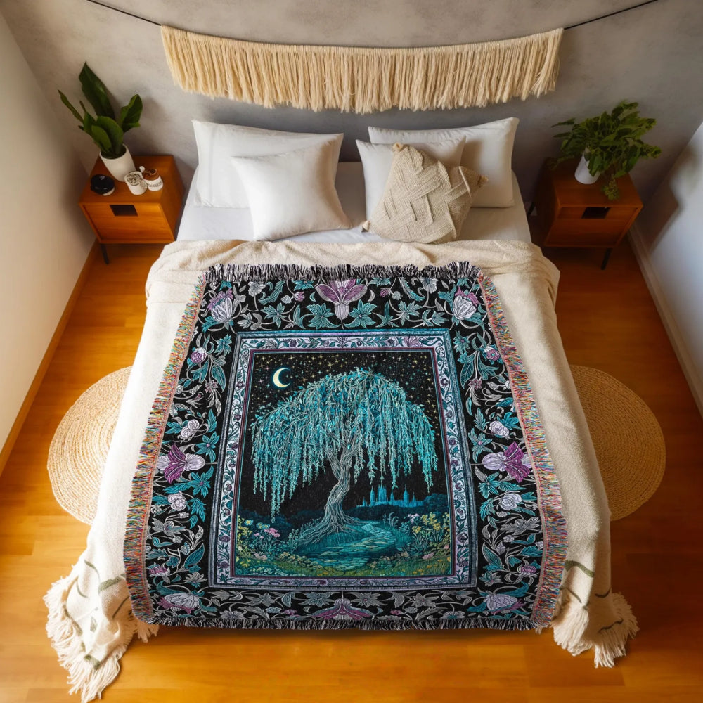 Dreamy Willow Tree Woven Throw Tapestry Enchanted Aesthetic Celestial Folklore