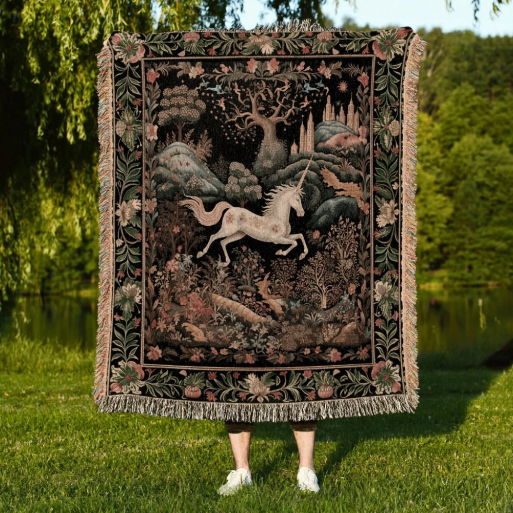 Fairytale Unicorn Woven Throw Tapestry Folklore Aesthetic
