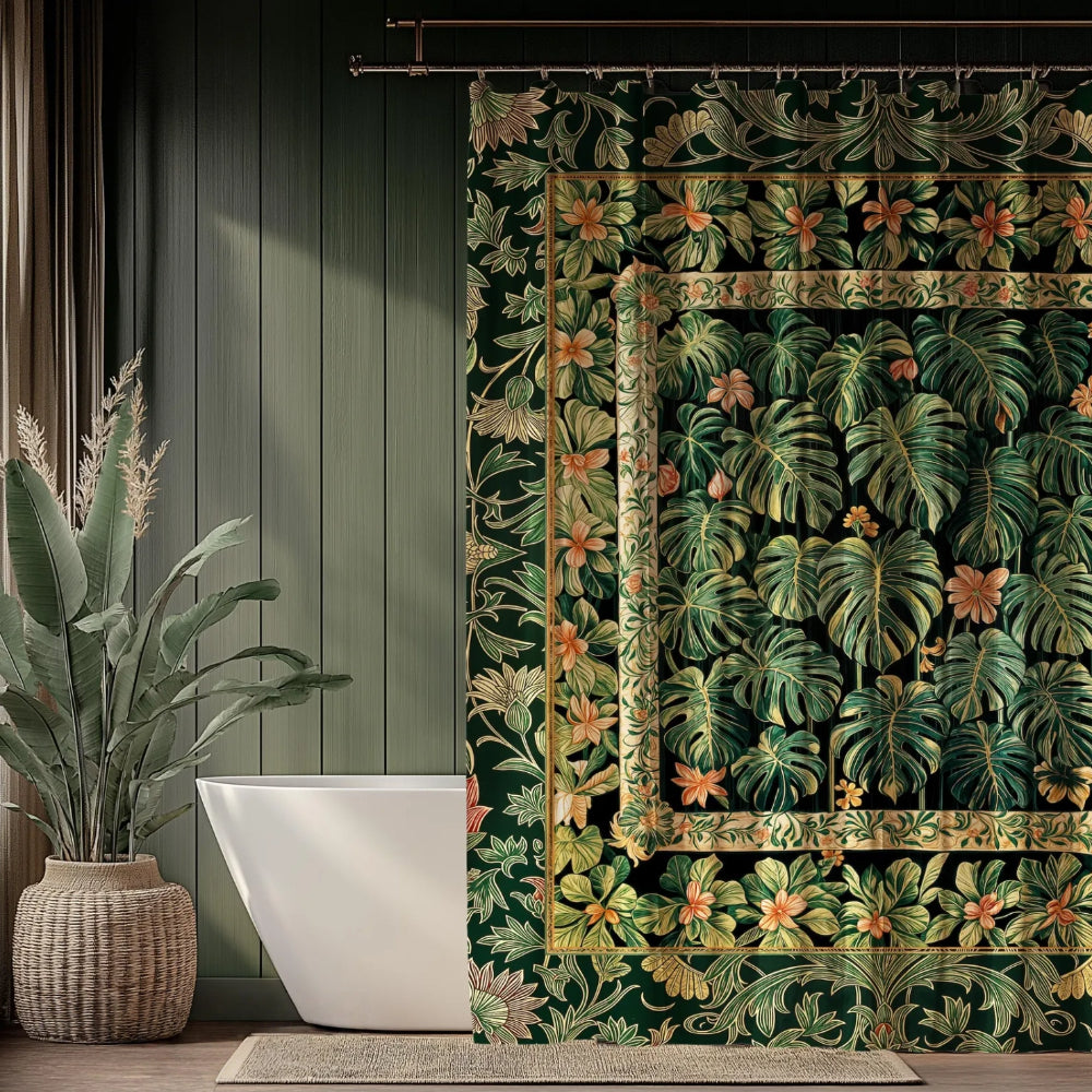 Monstera Shower Curtain Maximalist Aesthetic Emerald Green