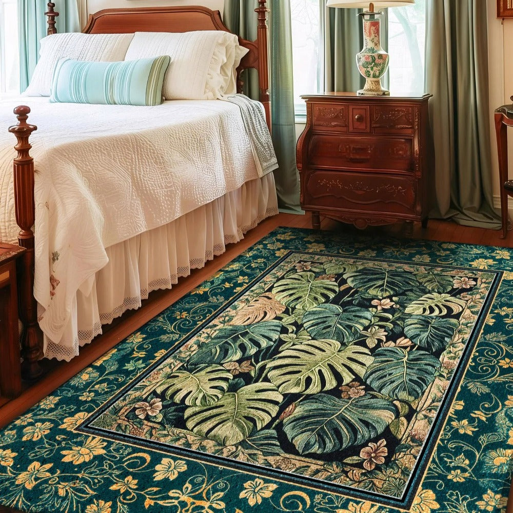 Monstera Foliage Rug Dark Tropical Machine Washable